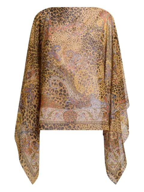 silk poncho top with paisley and animal motif by ETRO
