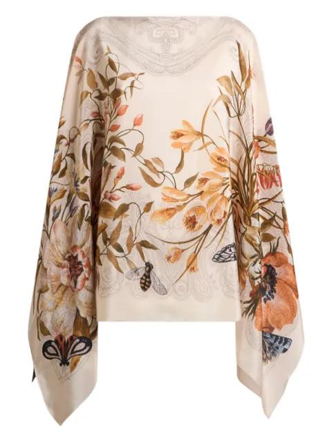 silk poncho top with placed floral print by ETRO