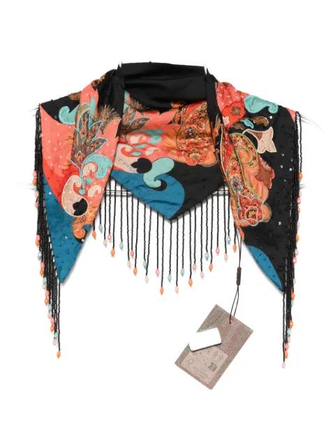 silk scarf with placed print and bead-adorned fringing by ETRO