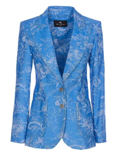 single-breasted cotton and linen jacquard denim jacket with floral motif by ETRO