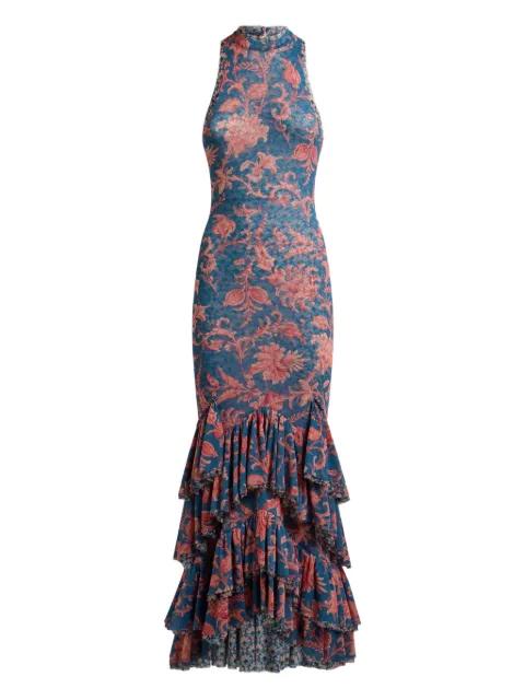 stretch tulle long dress with floral motif by ETRO