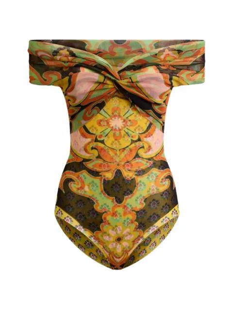 tulle bodysuit with open shoulders and placed floral-print by ETRO