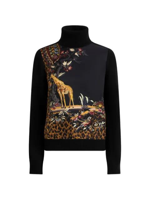 wool-blend turtleneck sweater with placed animal and Paisley print by ETRO