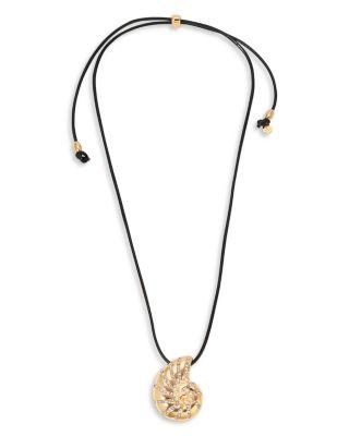 Pav&eacute; & Imitation Pearl Swirled Shell Black Cord Adjustable Pendant Necklace in 18K Gold Plated by ETTIKA