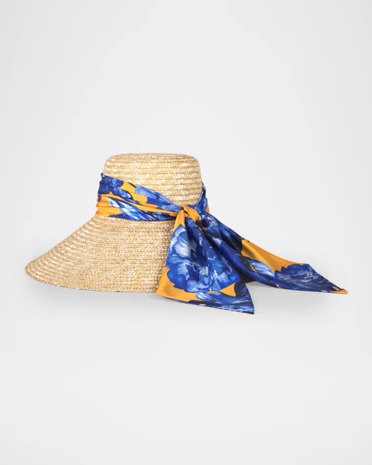 Mirabel Wide-Brim Straw Sun Hat with Scarf by EUGENIA KIM