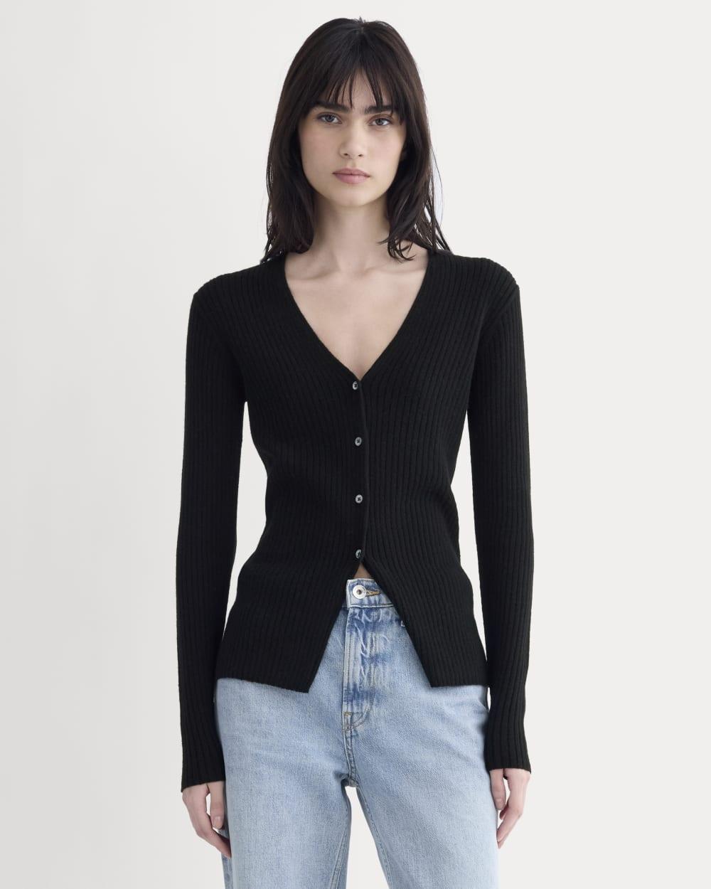 Cashmere Ribbed V-Neck Cardigan | Black by EVERLANE
