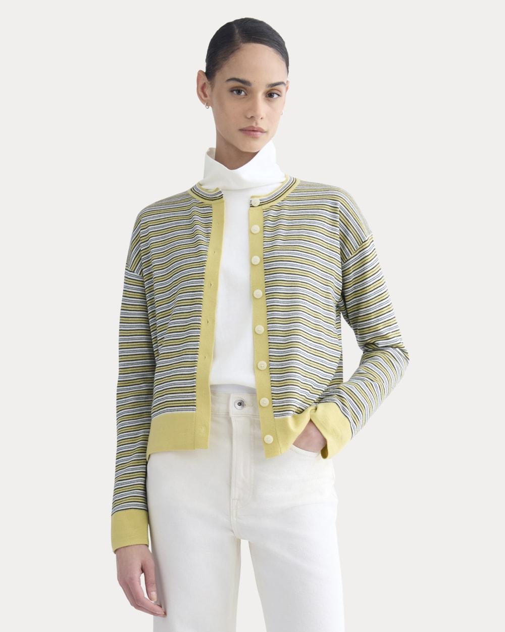 Crew Cardigan in Ultrasoft Merino | Double Cream Multi Stripe by EVERLANE