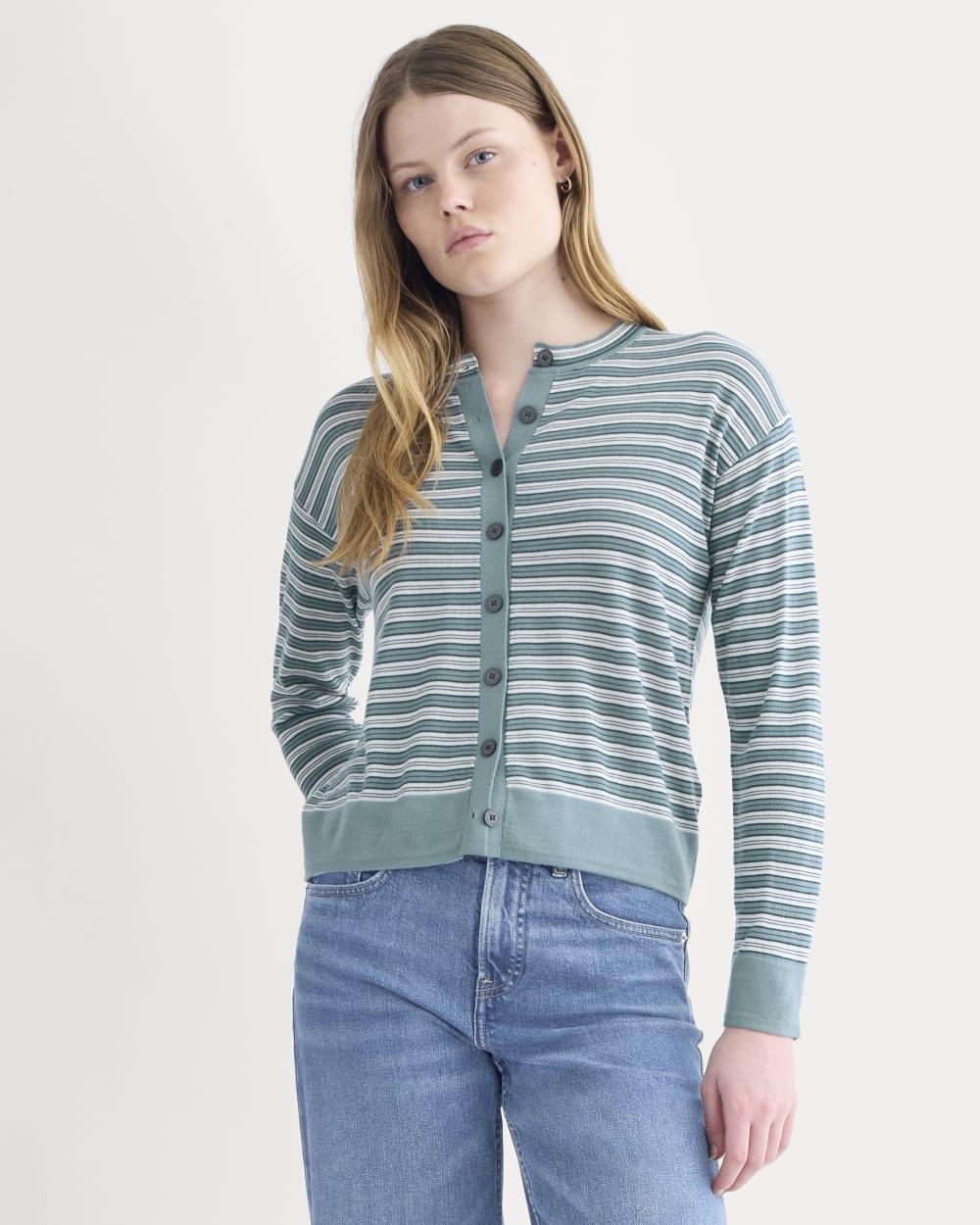 Crew Cardigan in Ultrasoft Merino | Reflecting Pond Multi Stripe by EVERLANE