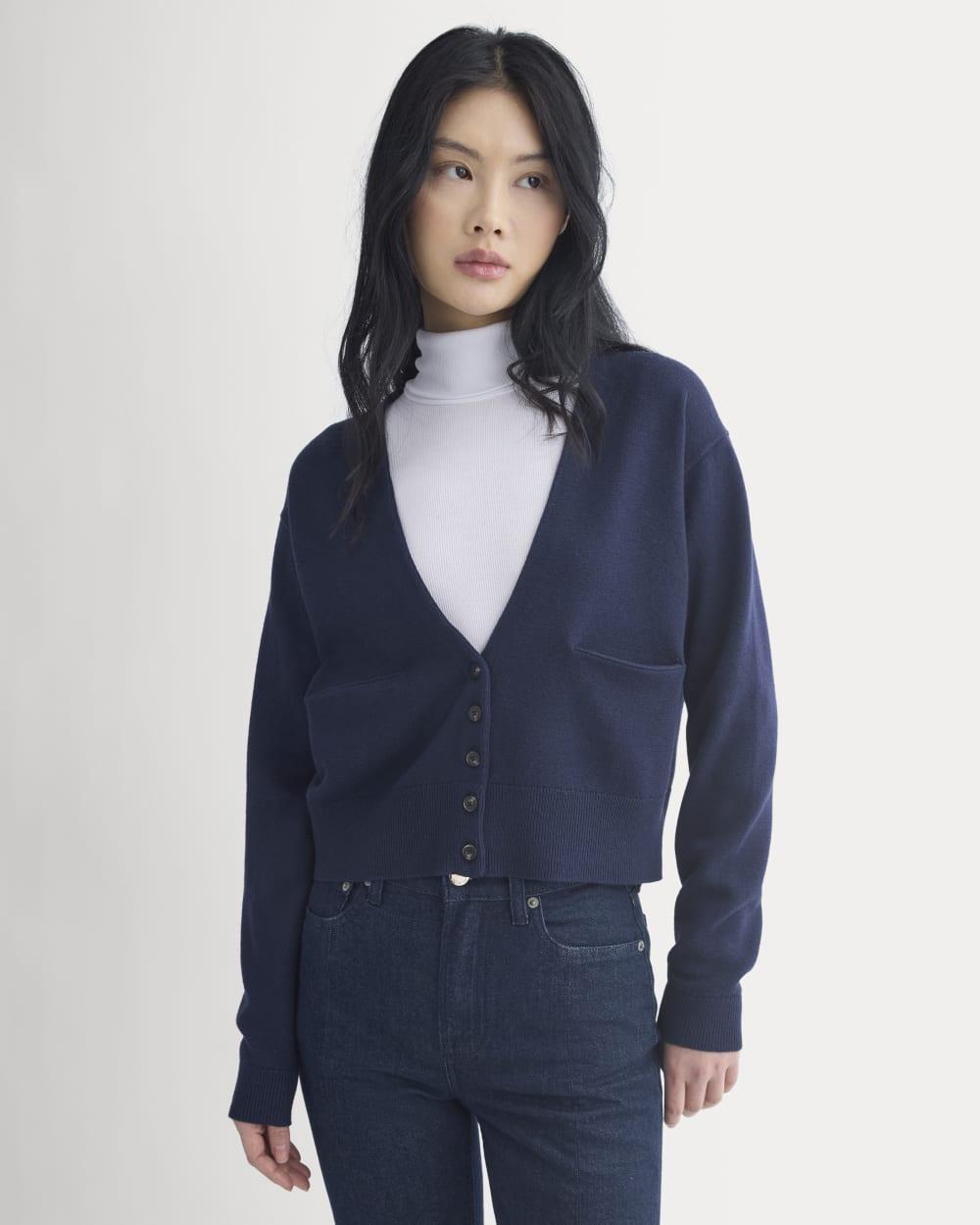 Deep V-Neck Cardigan in Cotton Merino | Navy by EVERLANE