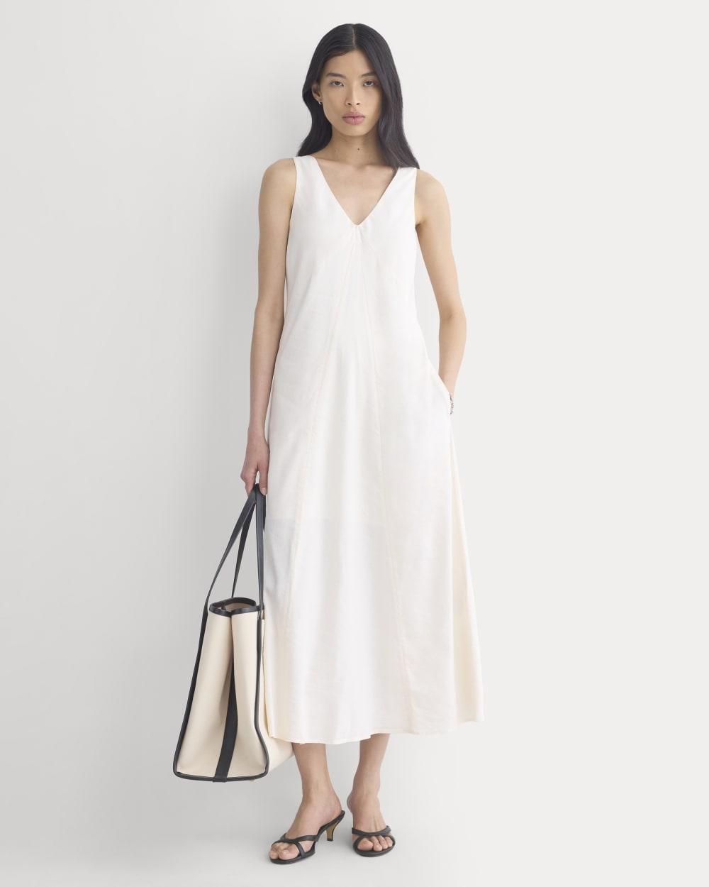 Deep V Seamed Dress in Stretch Linen | Bone by EVERLANE