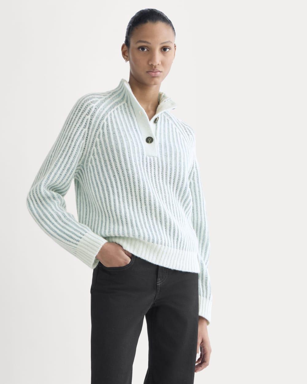 Funnel-Neck Ribbed Henley Sweater | Chalk Blue / Grey Mist Vertical Stripe by EVERLANE