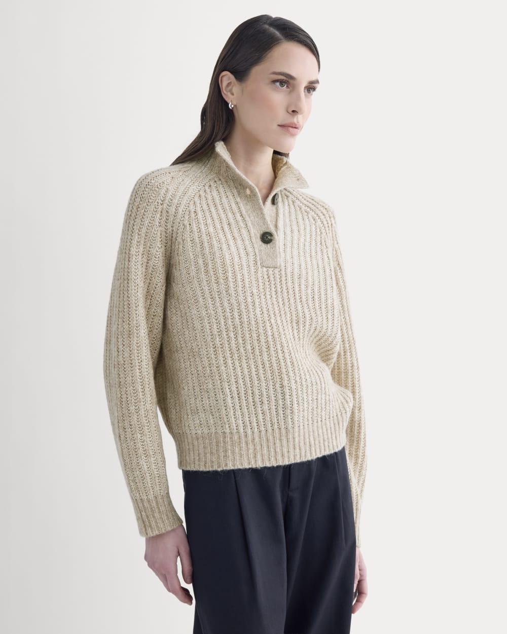 Funnel-Neck Ribbed Henley Sweater | Heathered Almond / Bone Vertical Stripe by EVERLANE