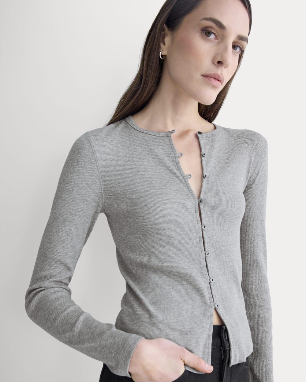 Luxe Rib Button-Up Top | Heathered Light Grey by EVERLANE