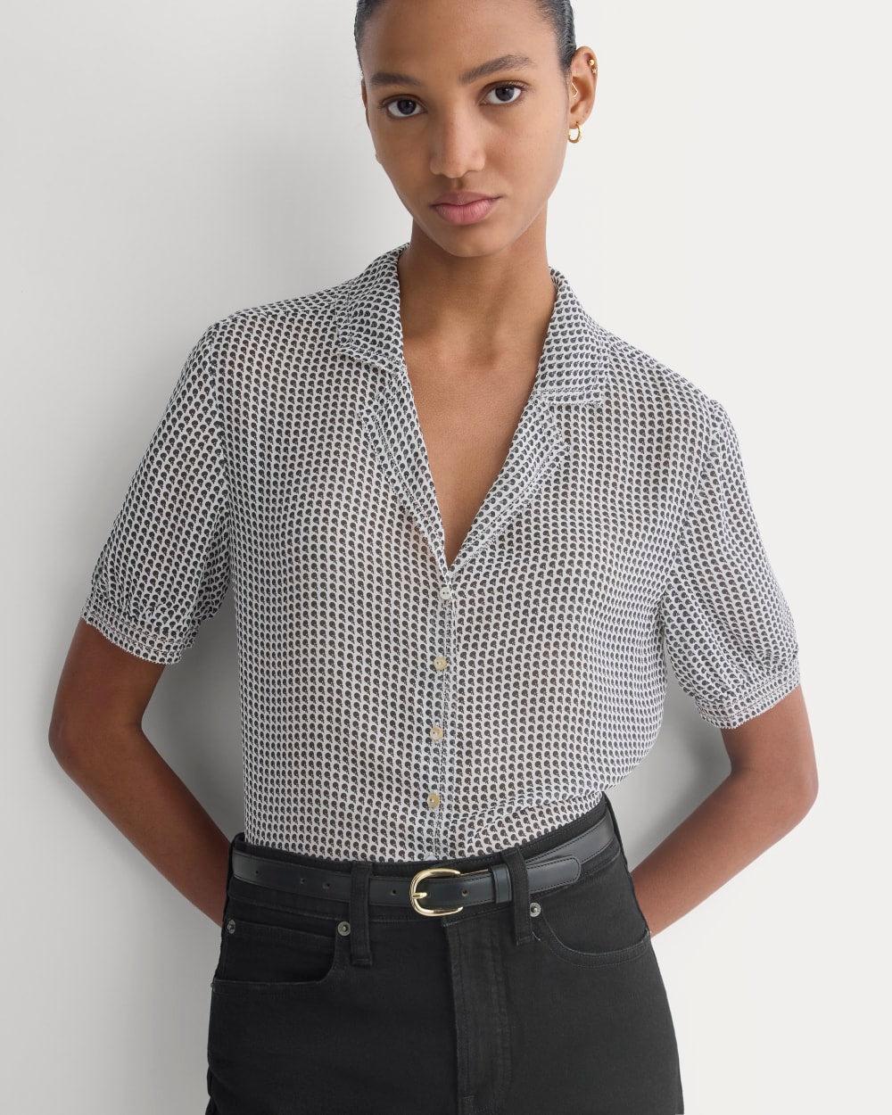 Notch Collar Shirt in Silk Georgette | Gardenia/Black Micro Dot by EVERLANE