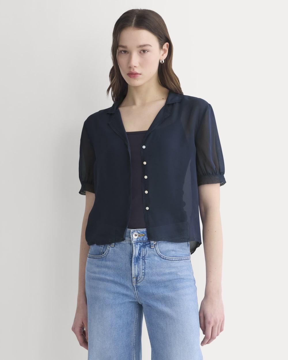 Notch Collar Shirt in Silk Georgette | Navy by EVERLANE