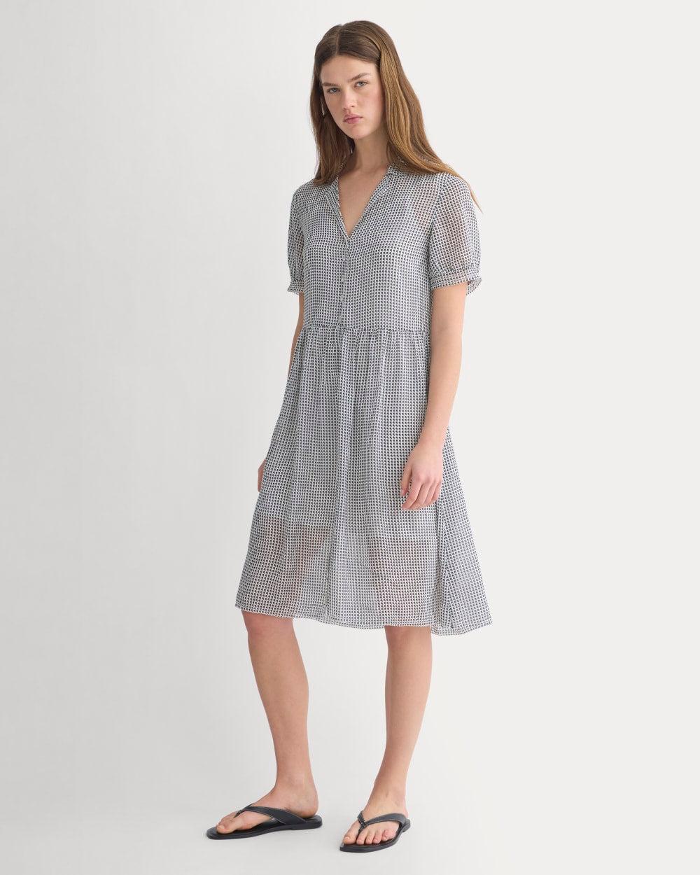 Notch Collar Shirtdress in Silk Georgette | Gardenia/Black Micro Dot by EVERLANE