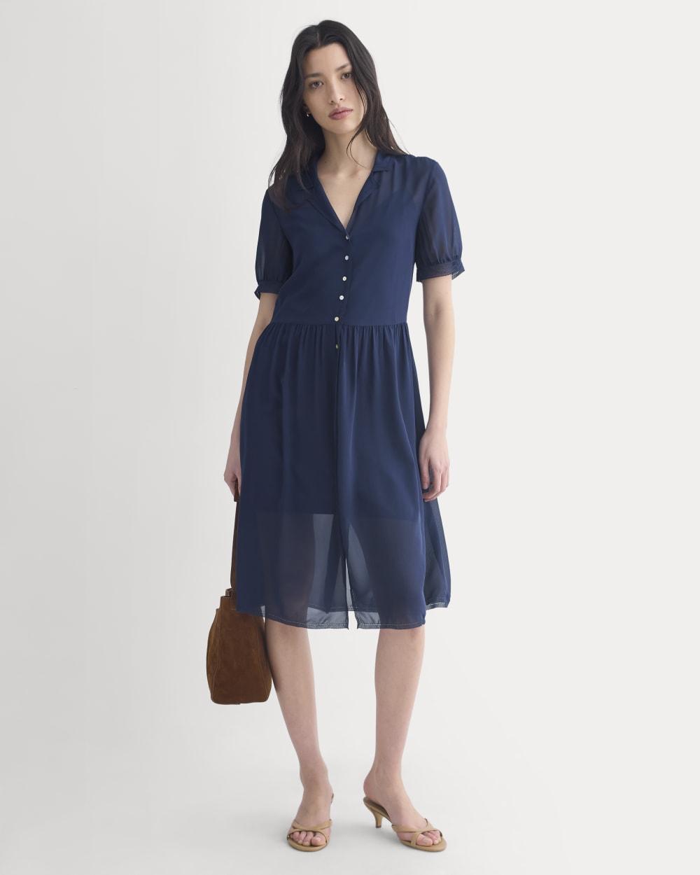 Notch Collar Shirtdress in Silk Georgette | Navy by EVERLANE