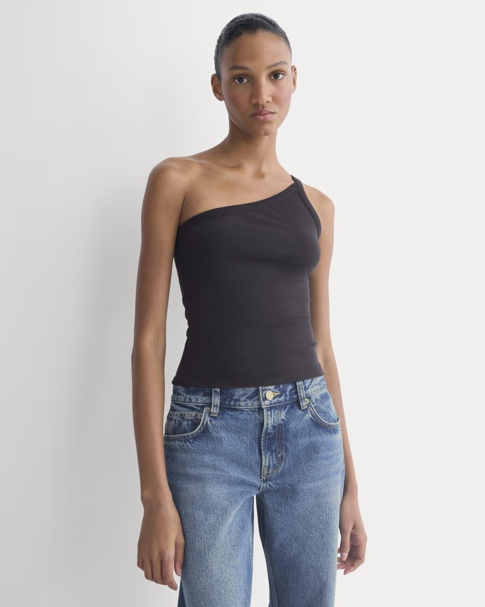 RetroSoft Cotton One-Shoulder Tank | Black by EVERLANE