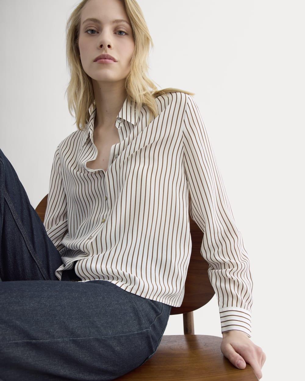 Shrunken Top in Washable Silk | Bone / Toffee Stripe by EVERLANE