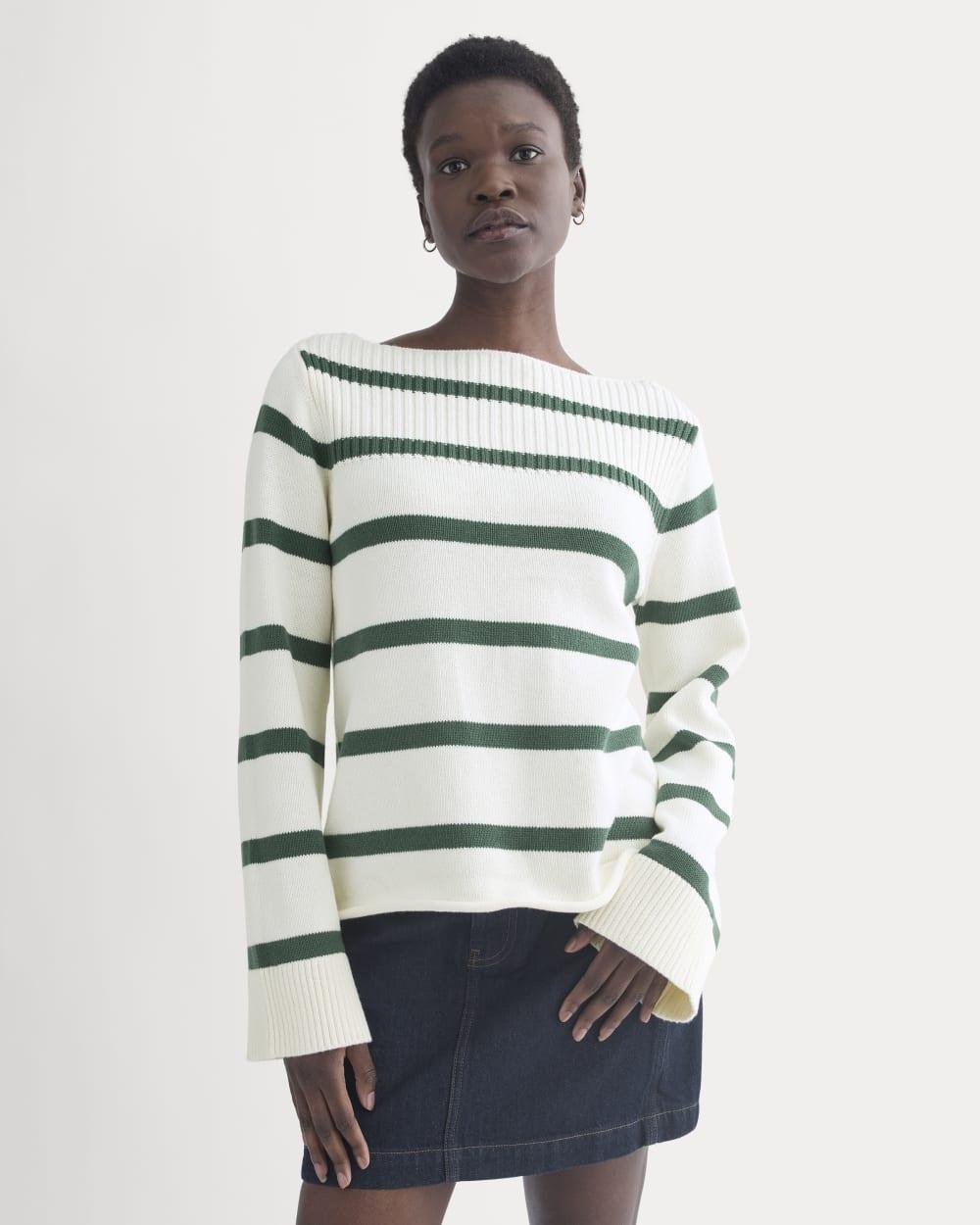Striped Boatneck Sweater in Everyday Cotton | Hunter Green/Bone by EVERLANE