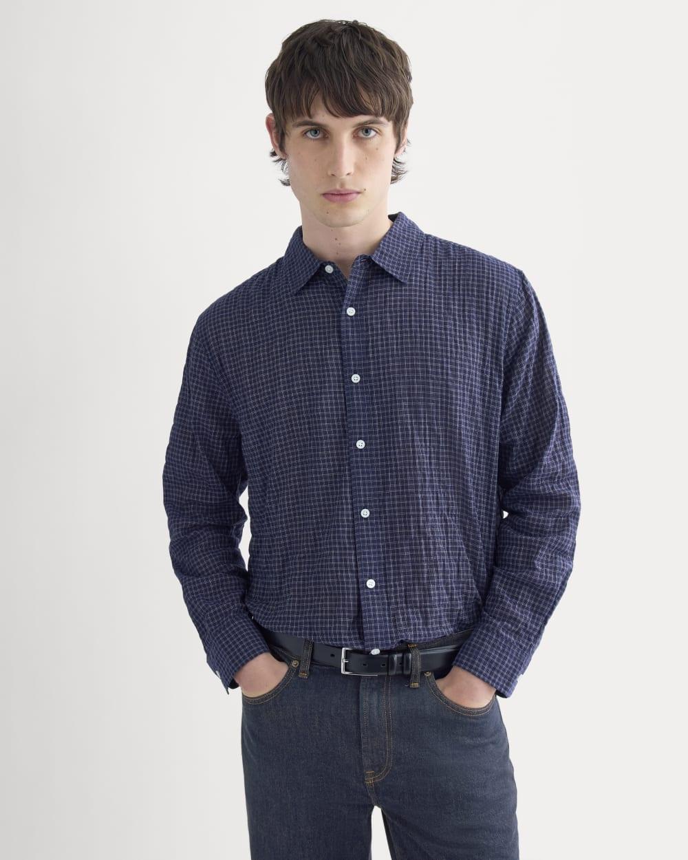 Textured Voile Button-Up Shirt | Navy Plaid by EVERLANE