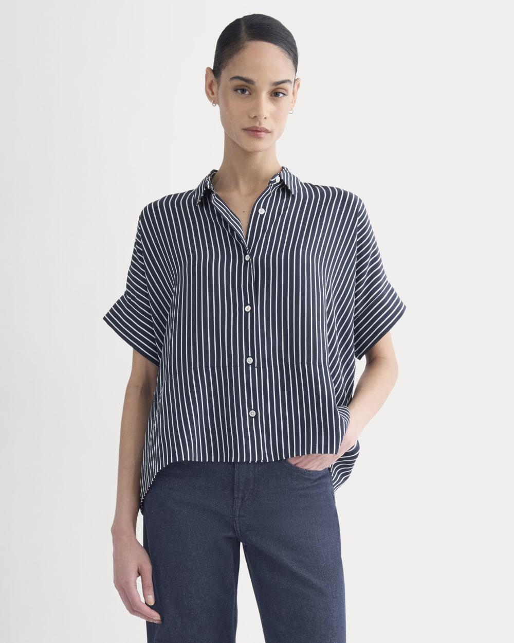 The Boxy Shirt in Washable Silk | True Navy / Bone Stripe by EVERLANE
