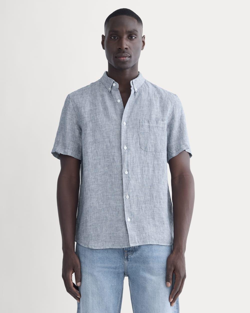 The Classic Short-Sleeve Shirt in Linen | White / Blue by EVERLANE