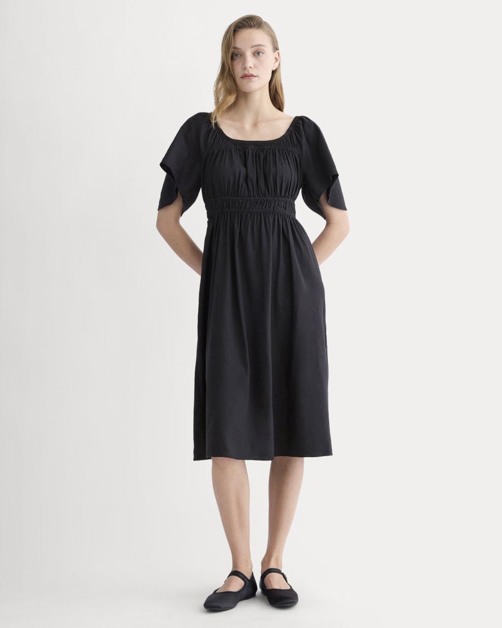 The Flutter-Sleeve Dress in Stretch Linen | Black by EVERLANE