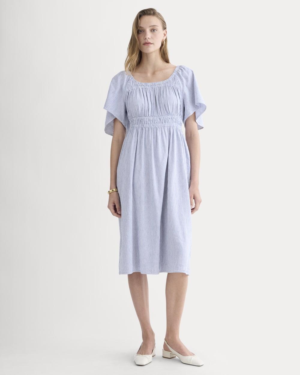 The Flutter-Sleeve Dress in Stretch Linen | White / Dutch Blue by EVERLANE