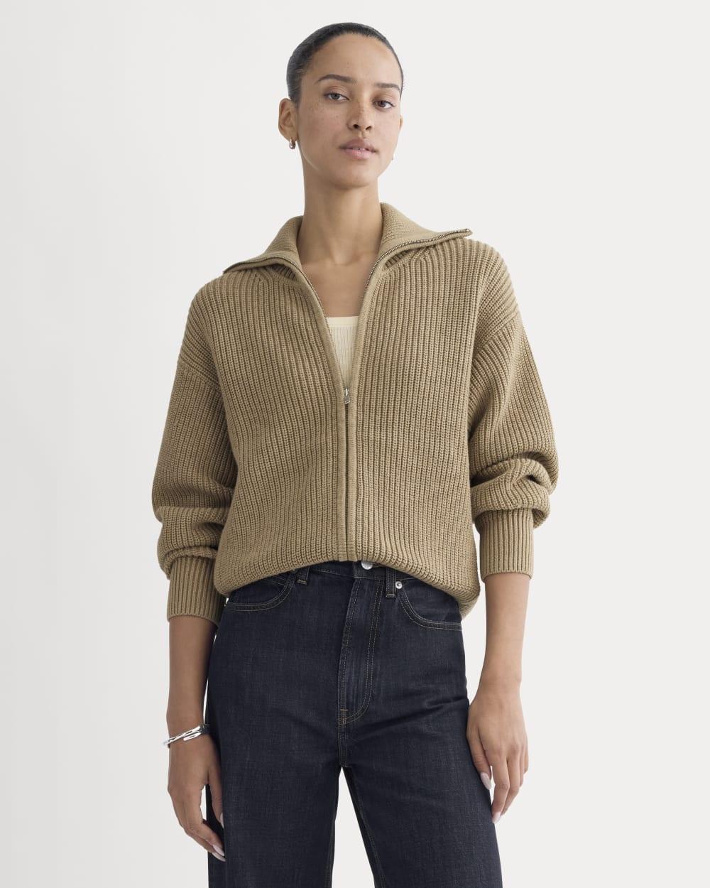 The Full-Zip Sweater in Everyday Cotton | Dark Heathered Camel by EVERLANE