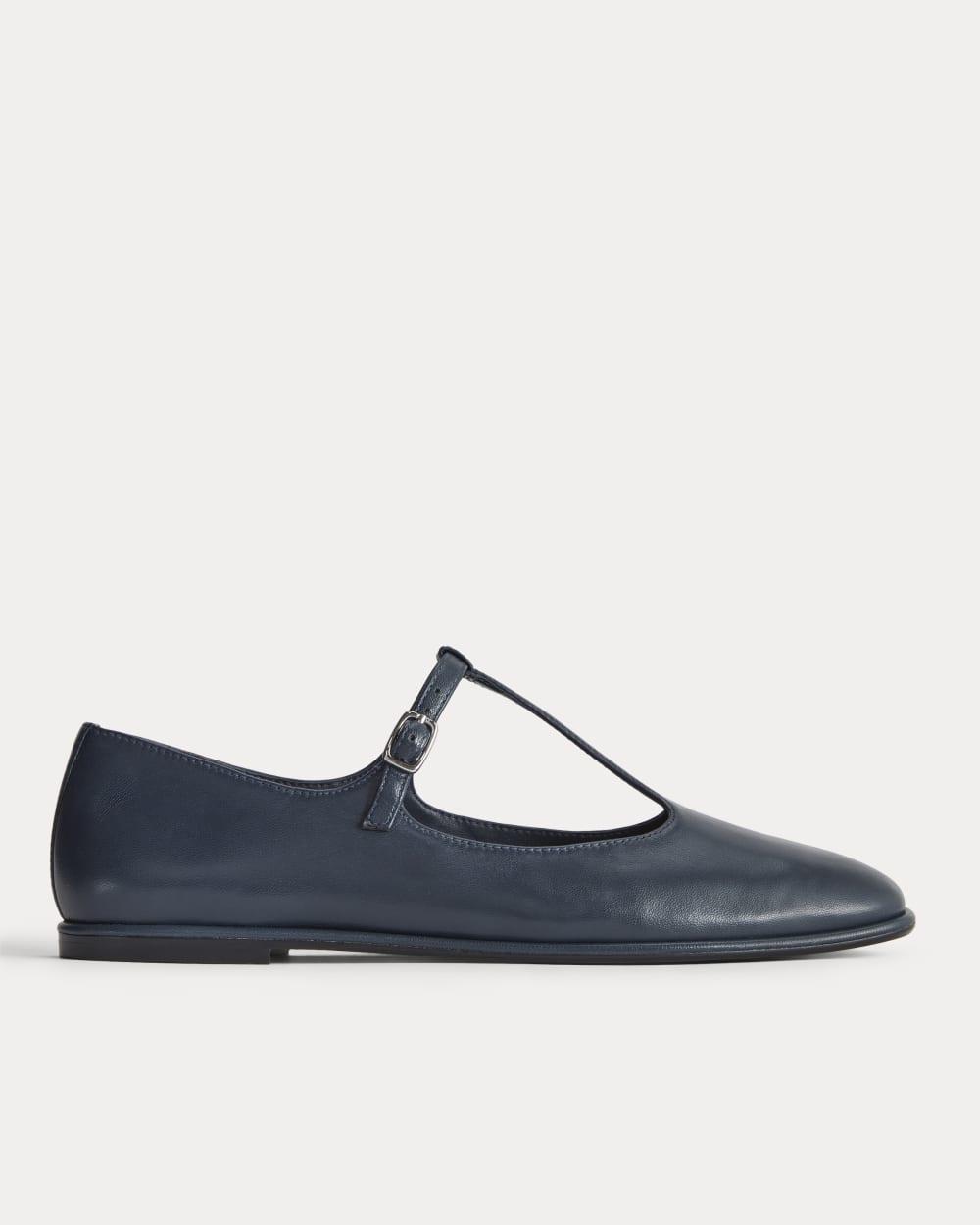 The Leather T-Strap Flat | Navy by EVERLANE