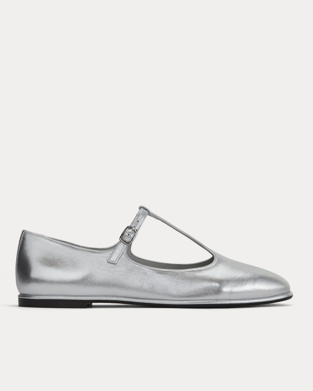 The Leather T-Strap Flat | Silver by EVERLANE