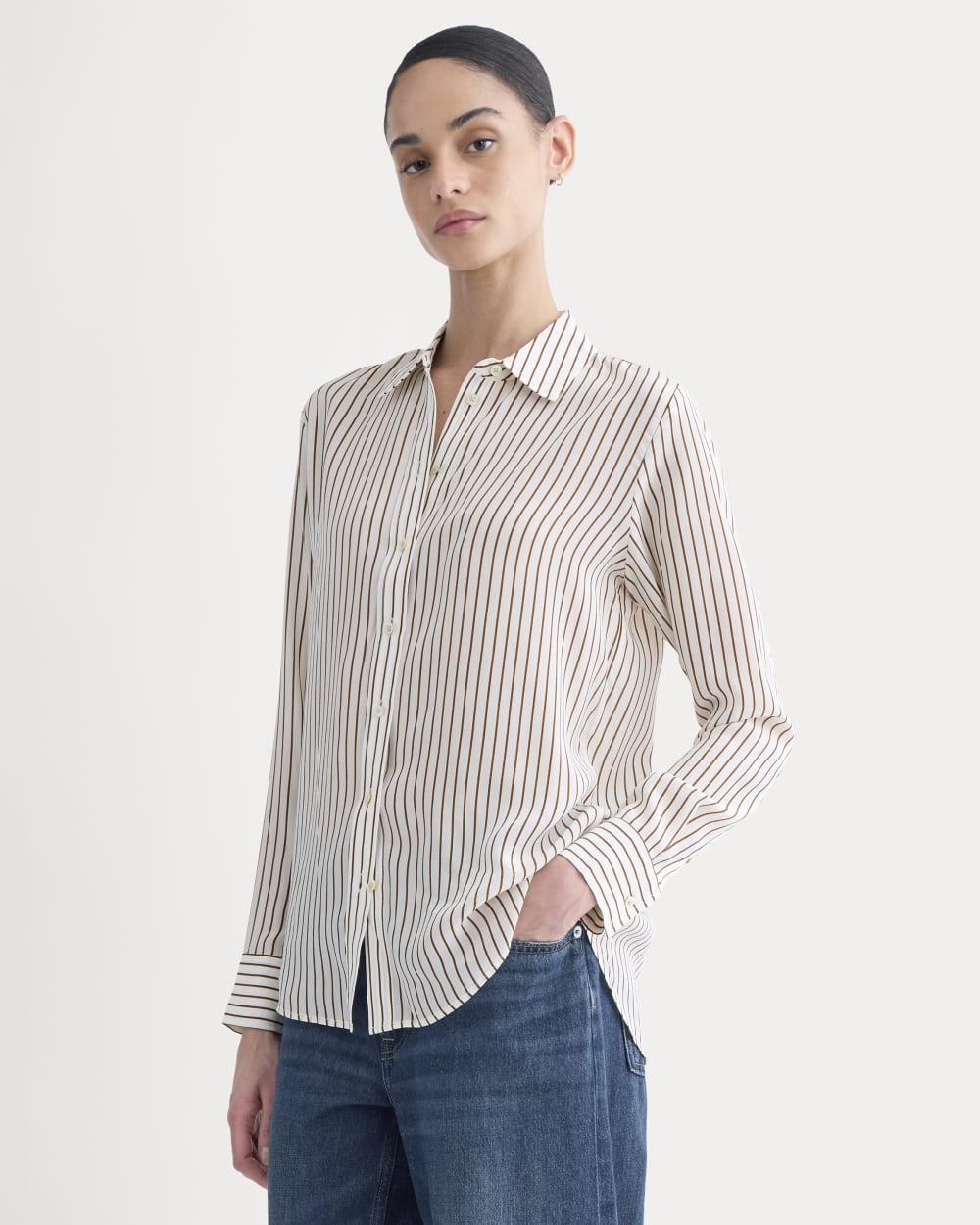 The Must-Have Shirt in Washable Silk | Bone / Toffee Stripe by EVERLANE
