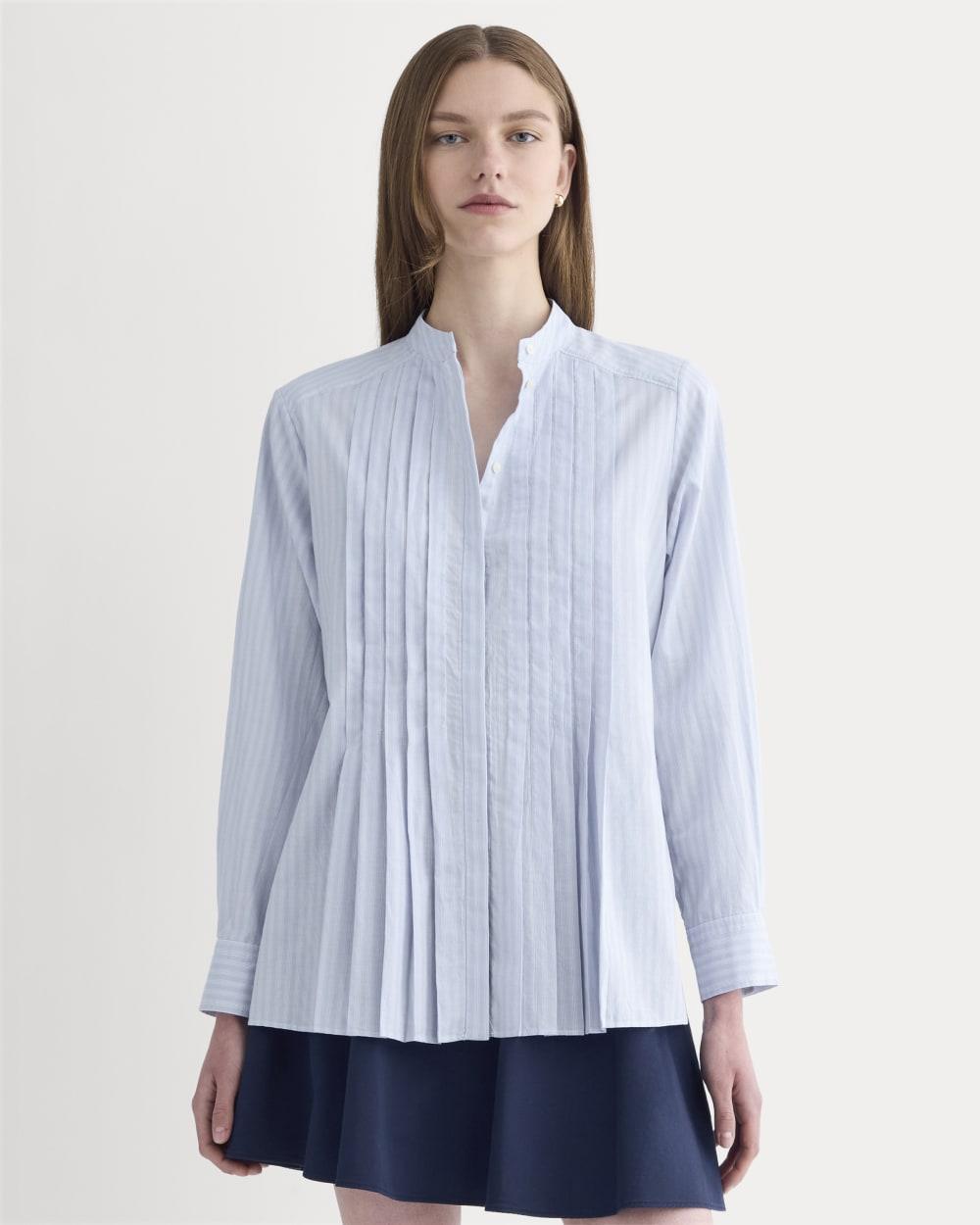 The Pleated Shirt in Silky Cotton | Forever Blue / Optic White by EVERLANE