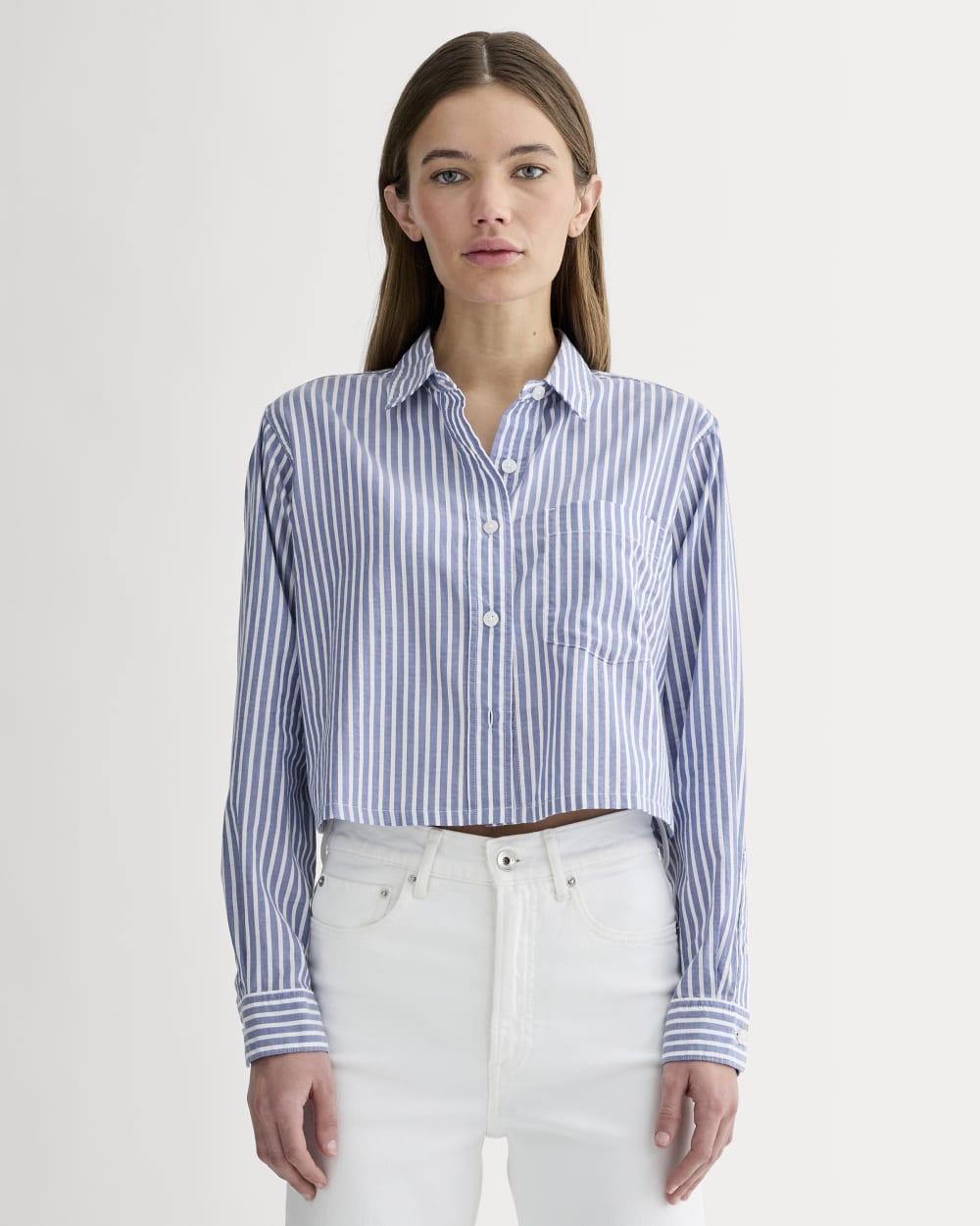 The Way-Short Shirt in Silky Cotton | Bone / Mazarine Blue by EVERLANE