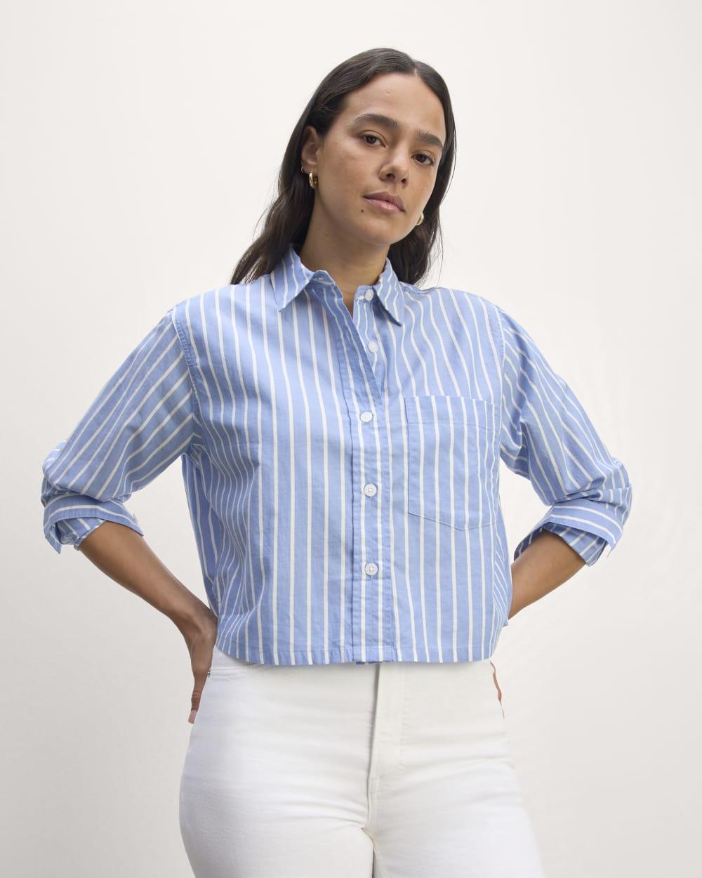 The Way-Short Shirt in Silky Cotton | Mariner Blue / White by EVERLANE