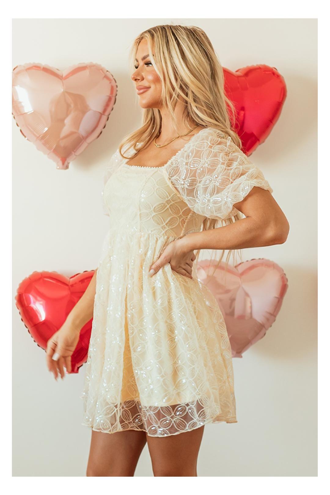 Apricot Sequined Lace Mesh Bubble Sleeve Square Neck Dress by EVERYDAY THE LABEL