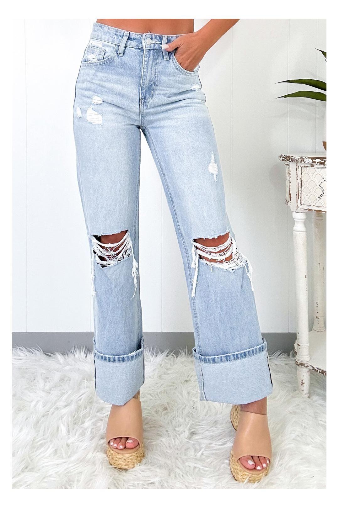 Beau Blue Light Wash Distressed Flare Jeans by EVERYDAY THE LABEL