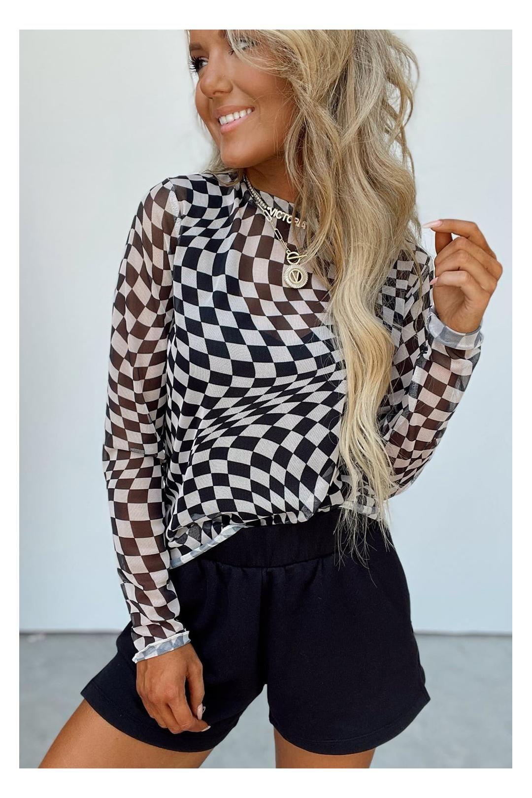 Black Checkered Pattern Mesh Mock Neck Long Sleeve Top by EVERYDAY THE LABEL Black Checkered Pattern Mesh Mock Neck Long Sleeve Top by EVERYDAY THE LABEL