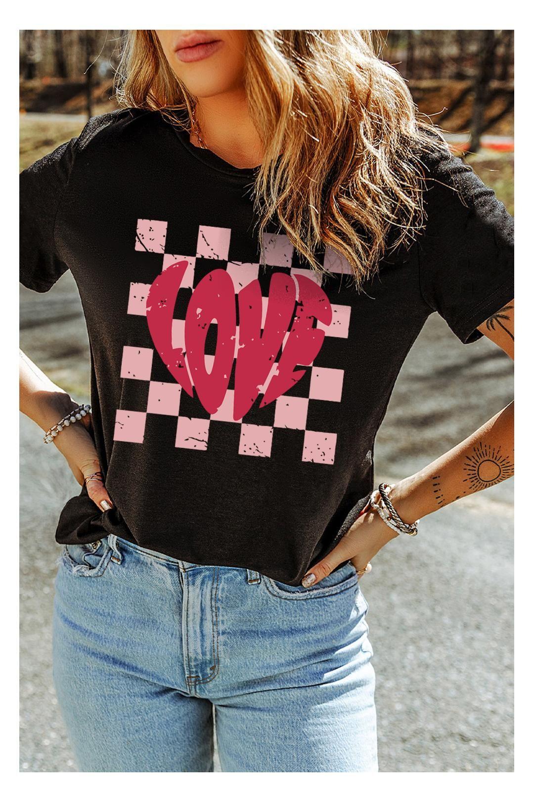 Black LOVE Checkered Graphic Valentine Tee by EVERYDAY THE LABEL