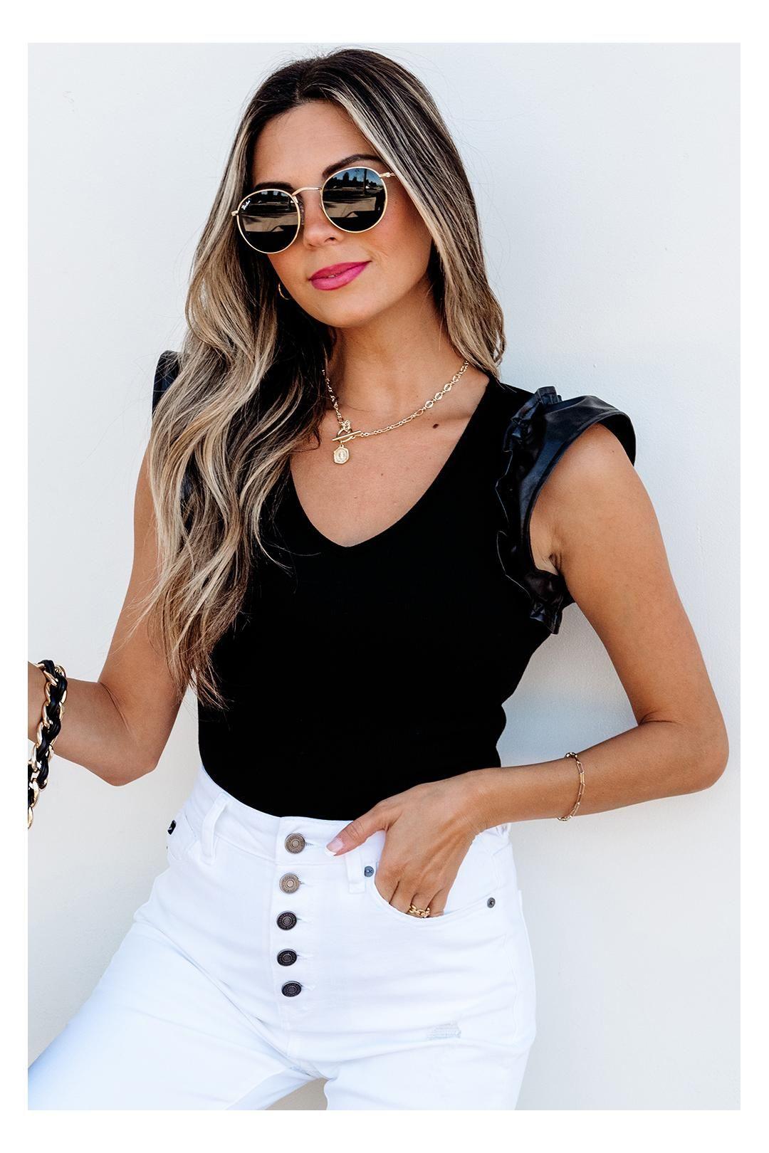 Black Leatherette Ruffle Patchwork Ribbed V Neck Bodysuit by EVERYDAY THE LABEL