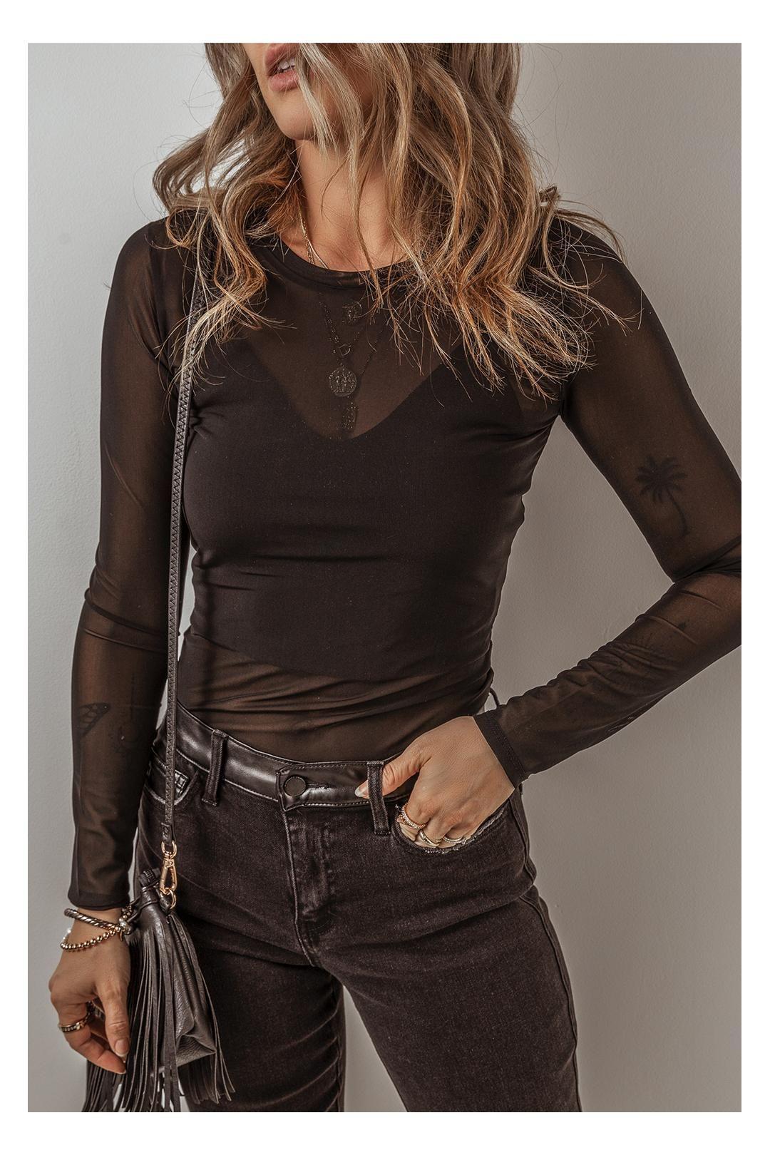 Black Mesh Long Sleeve Slim Fit Bodysuit by EVERYDAY THE LABEL