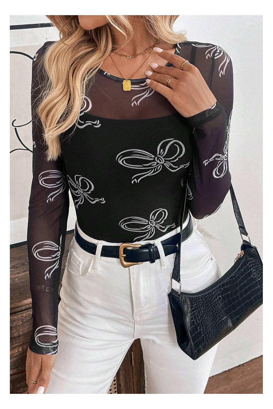 Black Round Neck Bow Print Long Sleeve Mesh Top by EVERYDAY THE LABEL