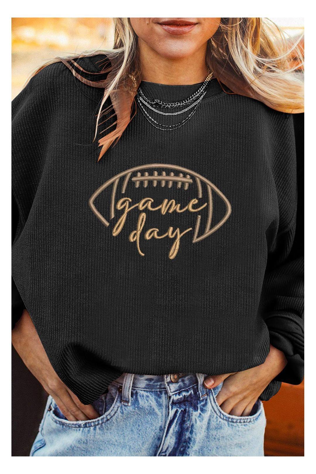 Black Rugby Game Day Embroidered Corduroy Sweatshirt by EVERYDAY THE LABEL