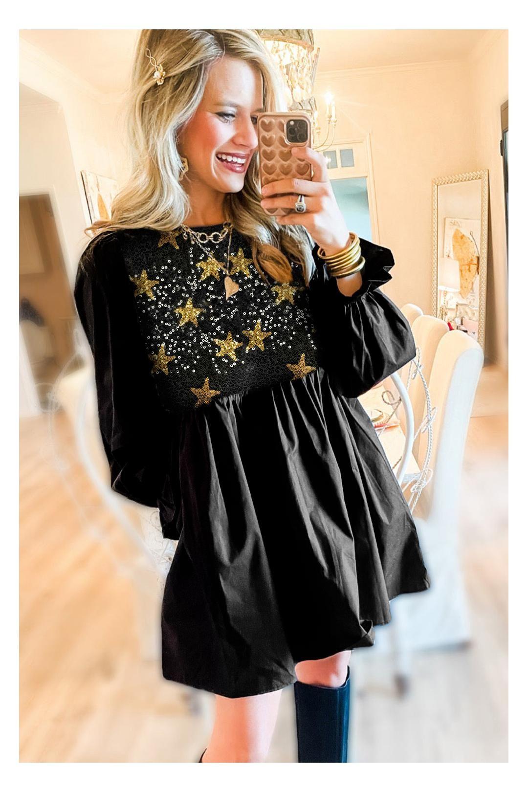 Black Sequined Stars Flounce Sleeve Ruffled Babydoll Dress by EVERYDAY THE LABEL