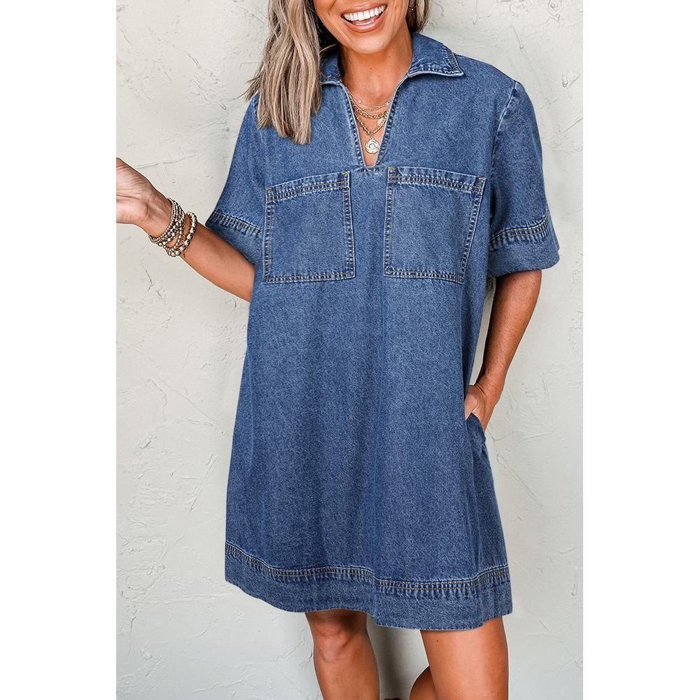 Blue Short Sleeve Collared Patched Pocket Denim Mini Dress Mini by EVERYDAY THE LABEL
