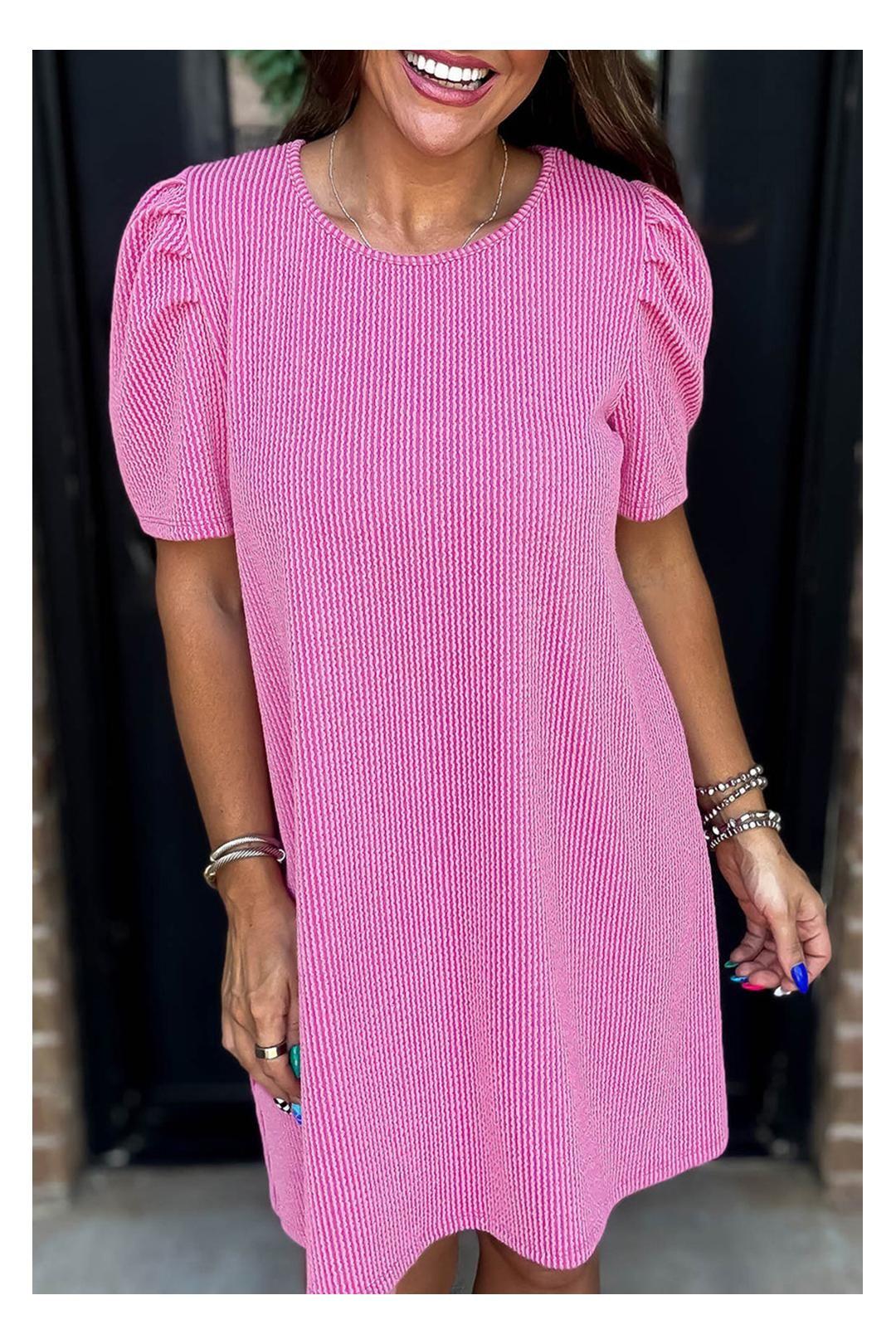 Bright Pink Corded Knit Crew Neck Puff Sleeve Shift Mini Dress by EVERYDAY THE LABEL