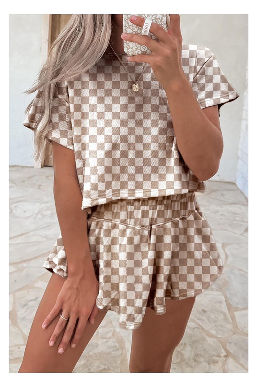 Brown Checkerboard T Shirt and High Waist Skorts 2 Piece Outfit by EVERYDAY THE LABEL Brown Checkerboard T Shirt and High Waist Skorts 2 Piece Outfit by EVERYDAY THE LABEL