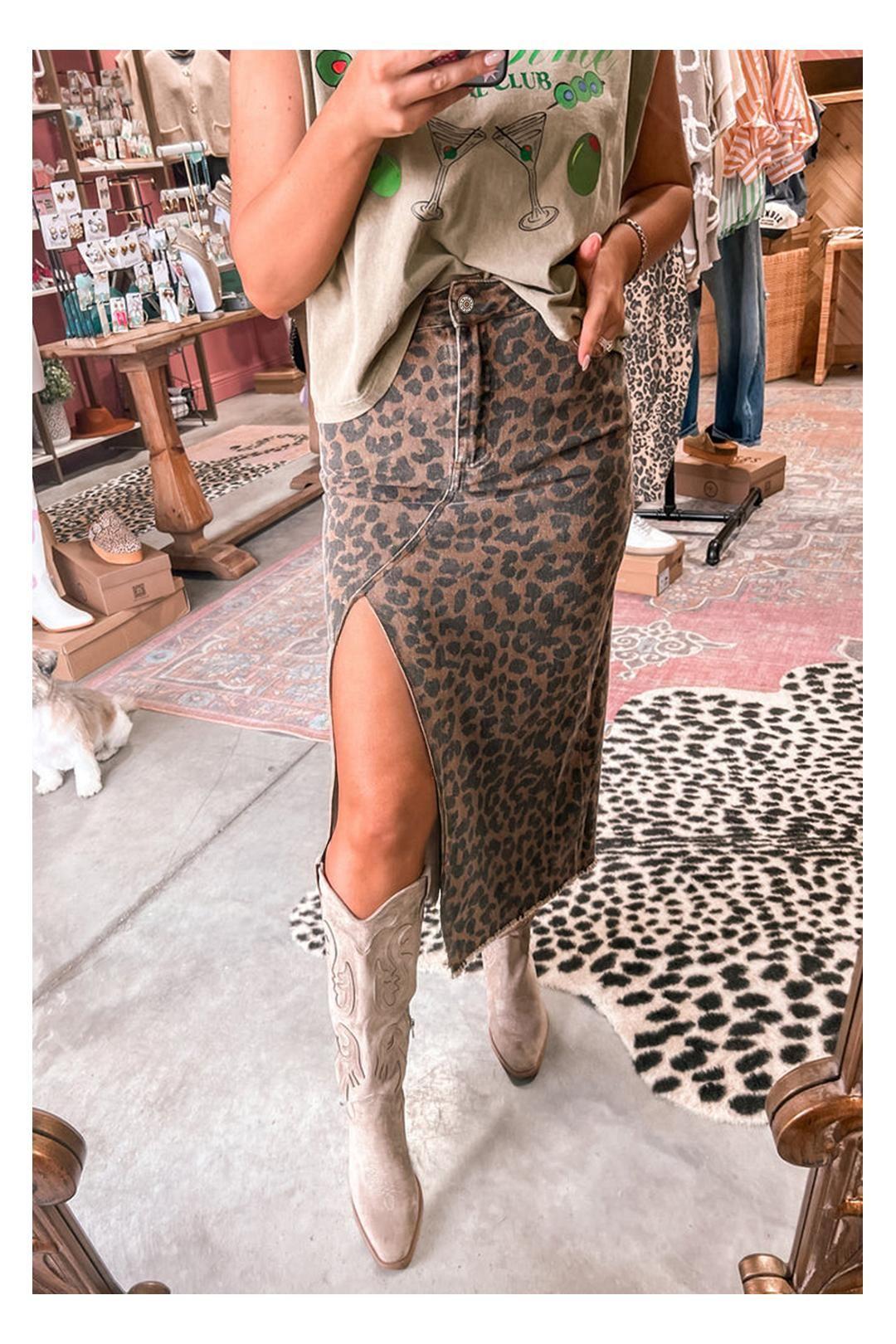 Brown Leopard Denim Frayed Split Denim Midi Skirt by EVERYDAY THE LABEL