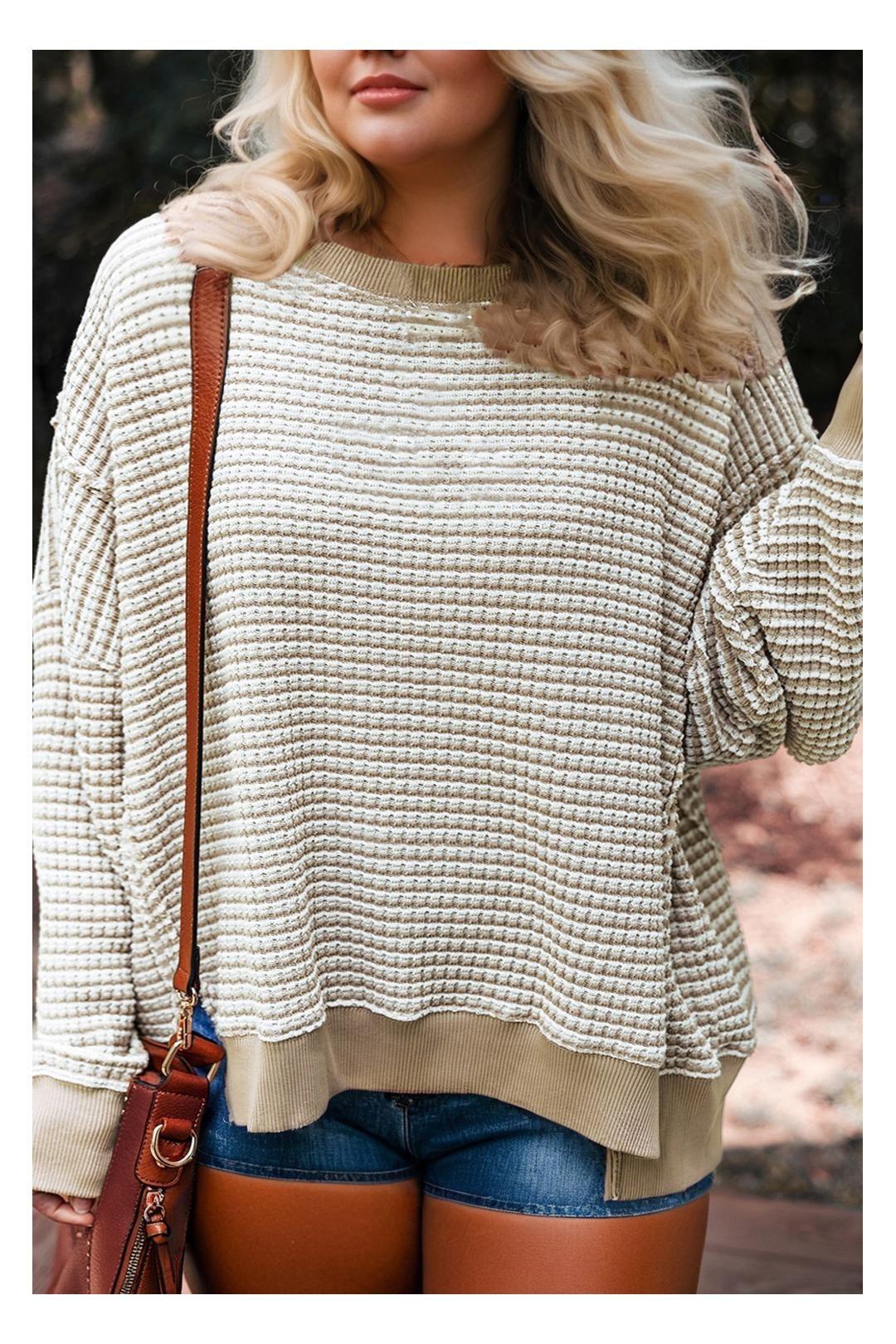 Brown Stripe Plus Size Breathable Knit Ribbed Trim Long Sleeve Top by EVERYDAY THE LABEL